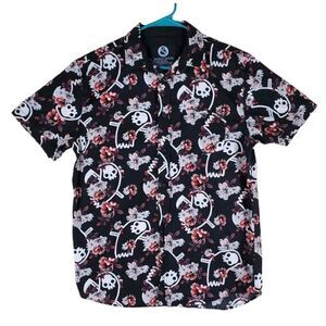 Threadless Obinsun Shirt Floral Skulls Reaper Spellout AOP Button Men L Black SS